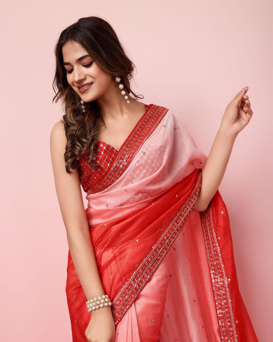 Red Taby Organza Silk Sequence Embroidered Border Saree