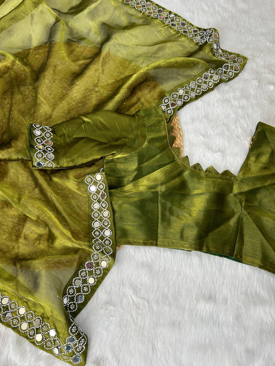 Dark Green Designer Burberry Silk Swarovski And Mirror Work Saree