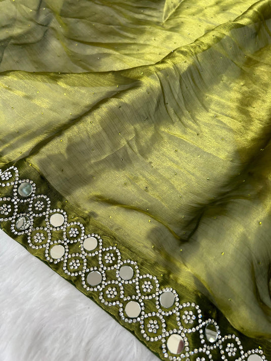 Dark Green Designer Burberry Silk Swarovski And Mirror Work Saree