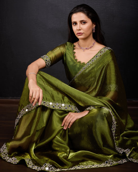 Dark Green Designer Burberry Silk Swarovski And Mirror Work Saree