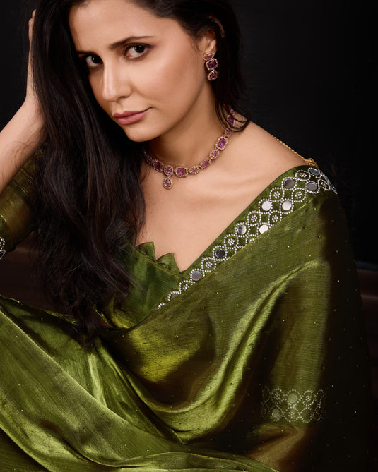 Dark Green Designer Burberry Silk Swarovski And Mirror Work Saree