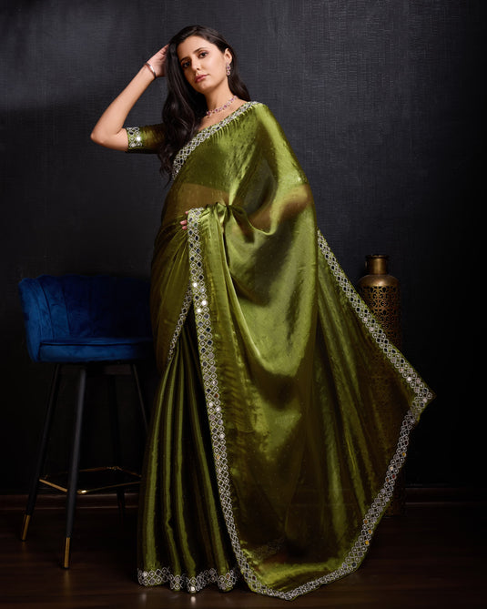 Dark Green Designer Burberry Silk Swarovski And Mirror Work Saree