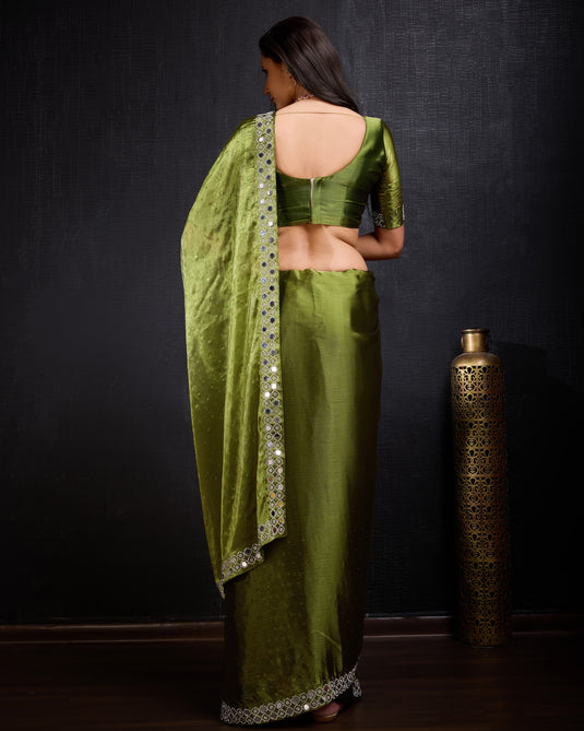 Dark Green Designer Burberry Silk Swarovski And Mirror Work Saree