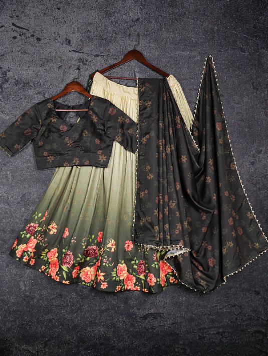 Black Tussar Silk Floral Print Semi Stitched Lehenga Choli