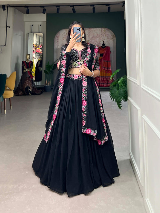 Black Georgette Sequence And Thread Embroidered Semi Stitched Lehenga Choli