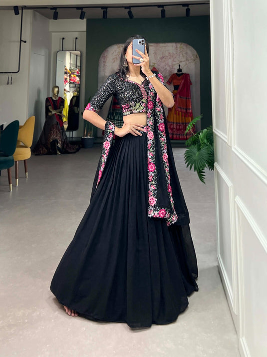 Black Georgette Sequence And Thread Embroidered Semi Stitched Lehenga Choli