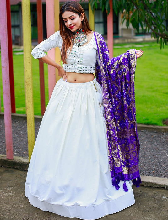 White Pure Cotton Mirror Work Fully Stitched Lehenga Choli