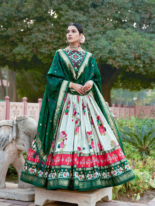 White-Green Tussar Silk Floral And Patola Print Semi Stitched Lehenga Choli