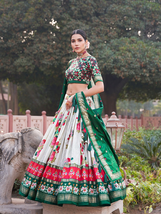 White-Green Tussar Silk Floral And Patola Print Semi Stitched Lehenga Choli