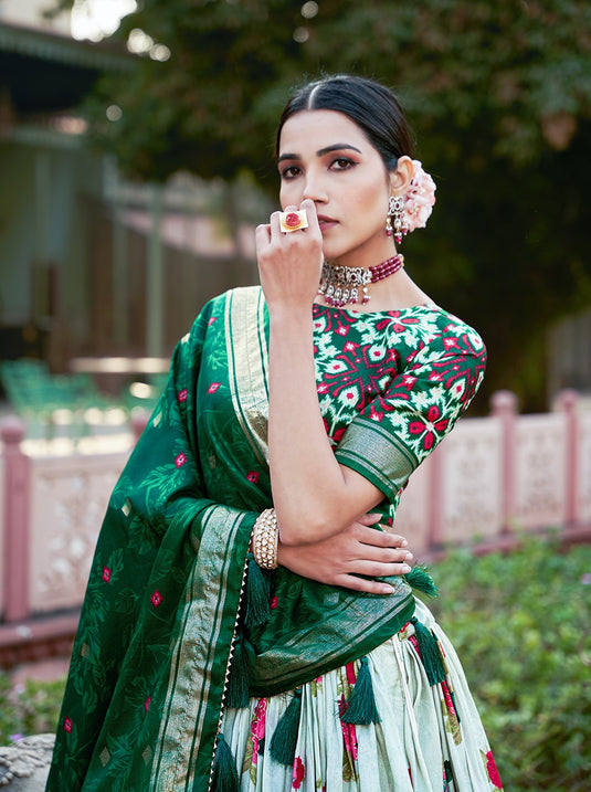 White-Green Tussar Silk Floral And Patola Print Semi Stitched Lehenga Choli