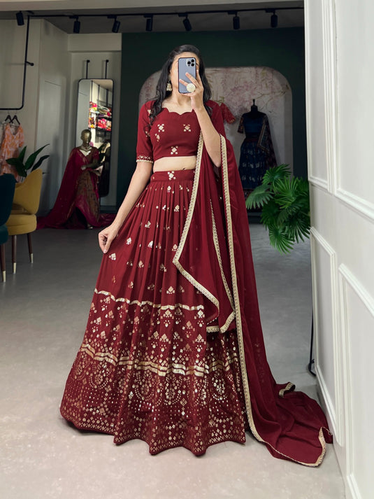 Maroon Georgette Sequins And Thread Embroidered Work Semi Stitched Lehenga Choli