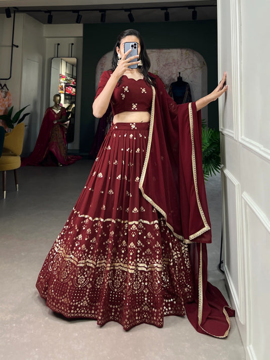 Maroon Georgette Sequins And Thread Embroidered Work Semi Stitched Lehenga Choli