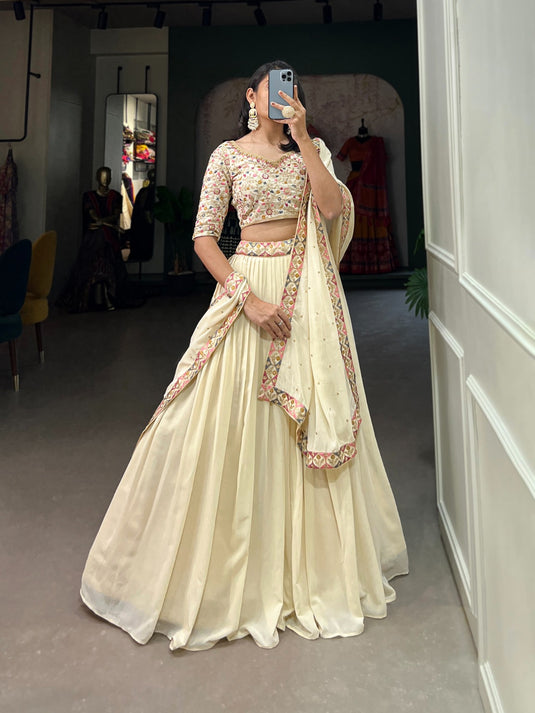 Off-White Georgette Sequins And Thread Embroidered Work Semi Stitched Lehenga Choli