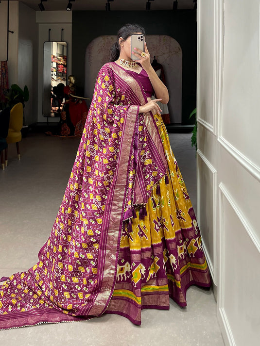 Mustard Yellow Tussar Silk Patola Print Semi Stitched Lehenga Choli