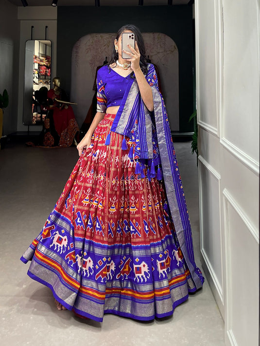 Red Tussar Silk Patola Print Semi Stitched Lehenga Choli