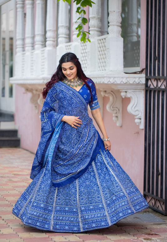 Blue Vaishali Silk Printed Semi Stitched Lehenga Choli