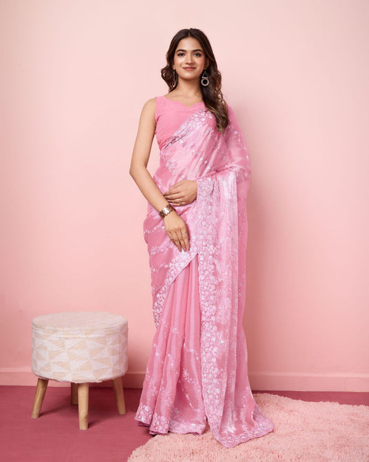 Soft Pink Graceful Premium Metallic Organza Saree