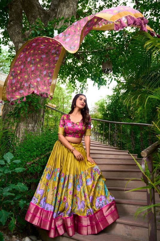 Pink-Green Dola Silk Floral Print Semi-Stitched Lehenga Choli