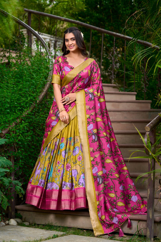 Pink-Green Dola Silk Floral Print Semi-Stitched Lehenga Choli