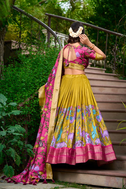 Pink-Green Dola Silk Floral Print Semi-Stitched Lehenga Choli