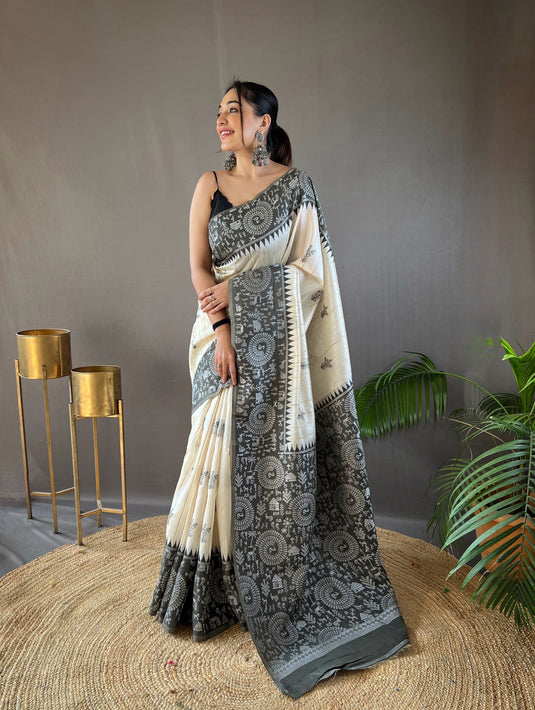 White-Black Tussar Warli Art Inspired Border Saree