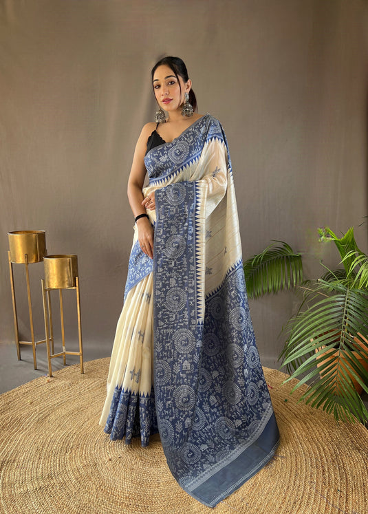 White-Blue Tussar Warli Art Inspired Border Saree