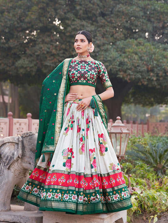 White-Green Tussar Silk Floral And Patola Print Semi Stitched Lehenga Choli