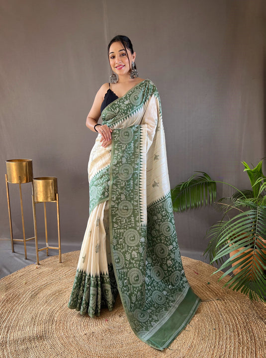 White-Green Tussar Warli Art Inspired Border Saree