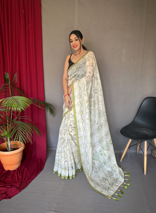 White-Mehendi Green Pure Malai Cotton Kantha Print Saree