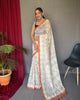 White-Orange Pure Malai Cotton Kantha Print Saree