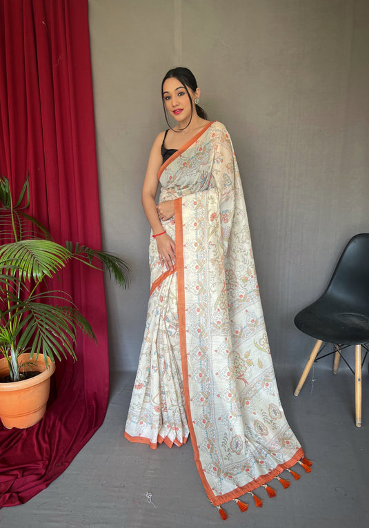 White-Orange Pure Malai Cotton Kantha Print Saree