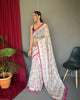 White-Pink Pure Malai Cotton Kantha Print Saree