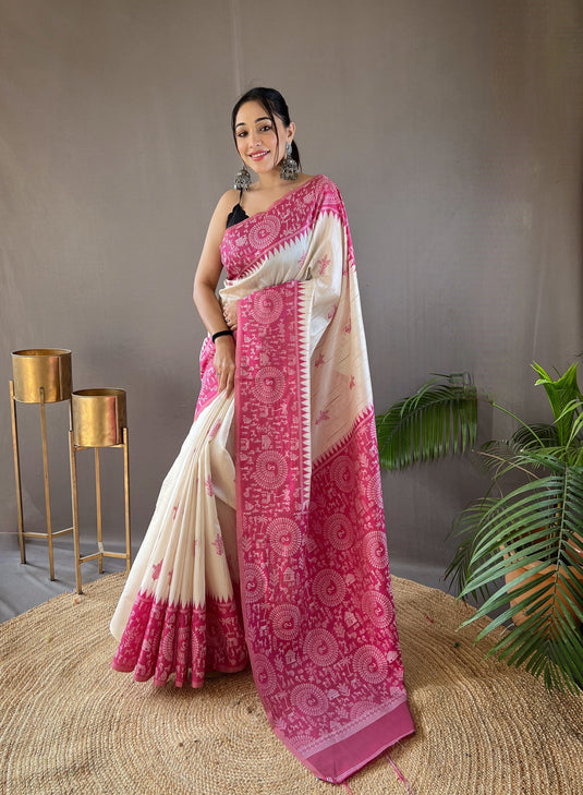 White-Pink Tussar Warli Art Inspired Border Saree