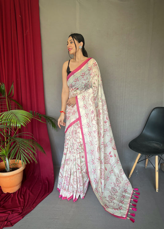 White-Pink Pure Malai Cotton Kantha Print Saree