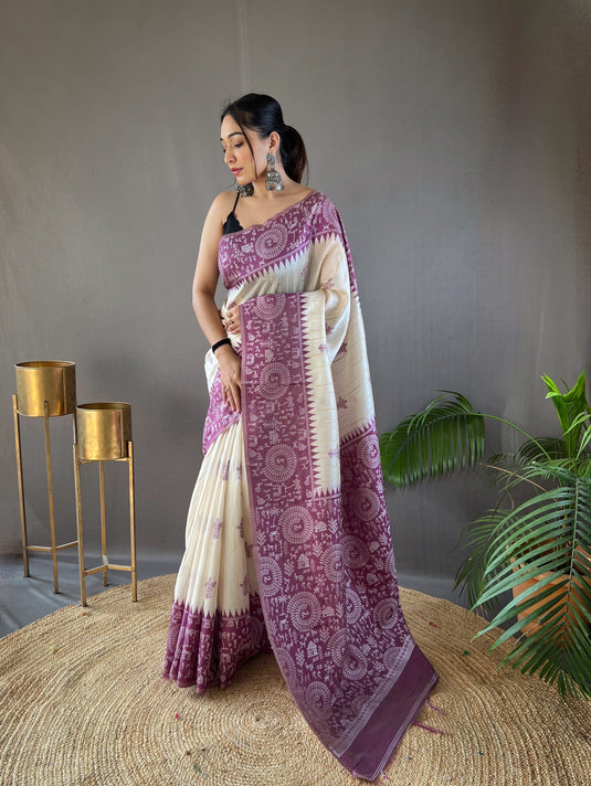 White-Purple Tussar Warli Art Inspired Border Saree