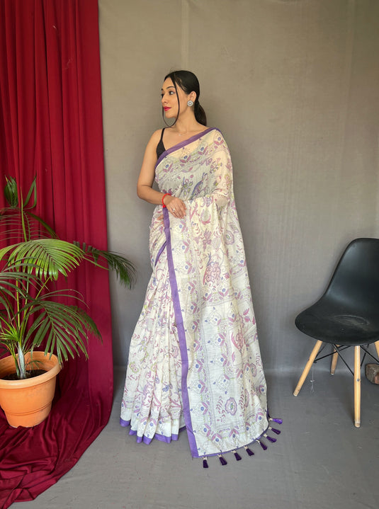 White-Purple Pure Malai Cotton Kantha Print Saree