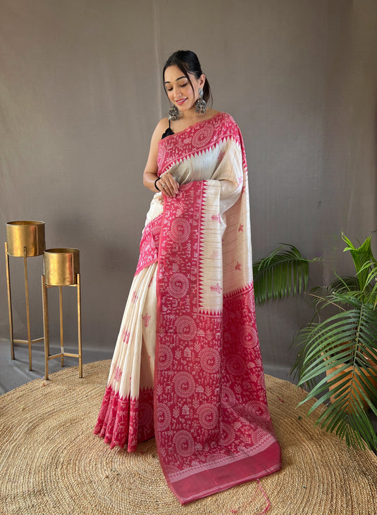 White-Red Tussar Warli Art Inspired Border Saree