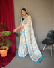 White-Sky Blue Pure Malai Cotton Kantha Print Saree