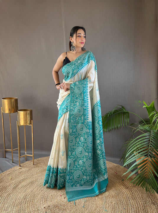 White-Sky Blue Tussar Warli Art Inspired Border Saree