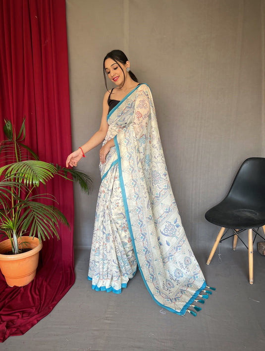 White-Sky Blue Pure Malai Cotton Kantha Print Saree