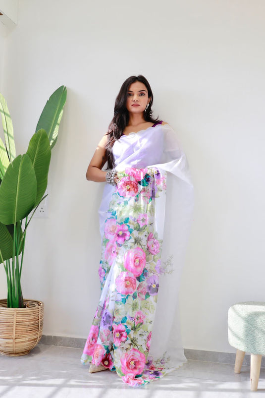 White Taby Silk Saree With Floral Digital Work