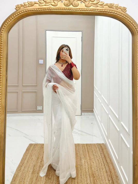 White Premium Taby Silk Sequence Embroidered Work Saree