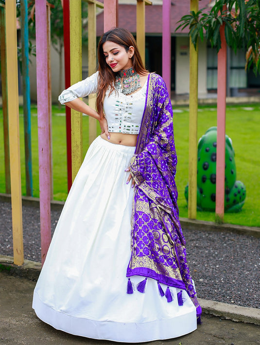 White Pure Cotton Mirror Work Fully Stitched Lehenga Choli