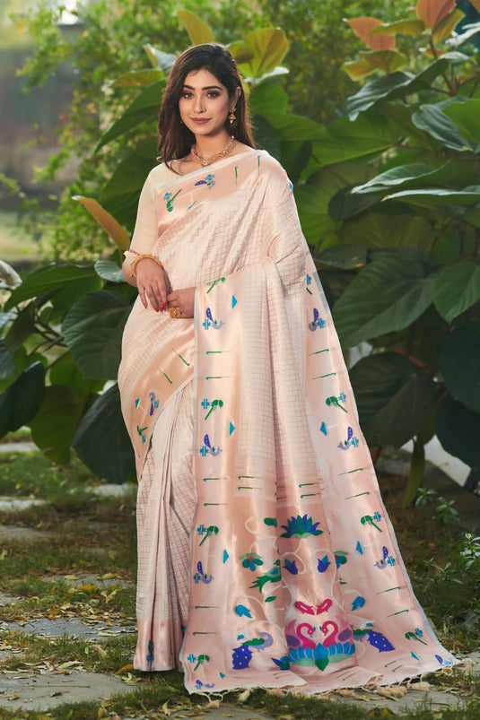 White Banarasi Soft Silk Paithani Zari Weaving Border Traditional Saree