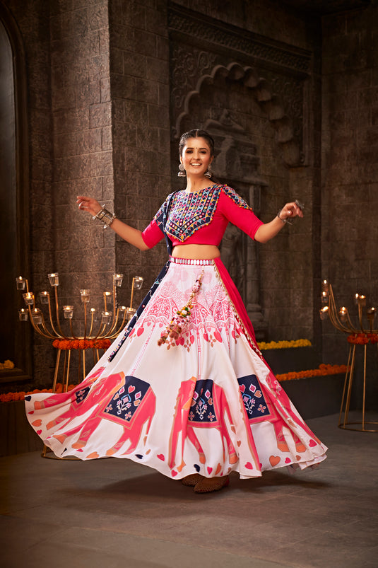 White-Pink Rayon Printed Semi Stitched Lehenga Choli