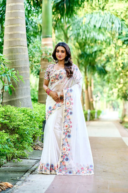 White Organza Silk Multi Thread Embroidered Moti Work Saree