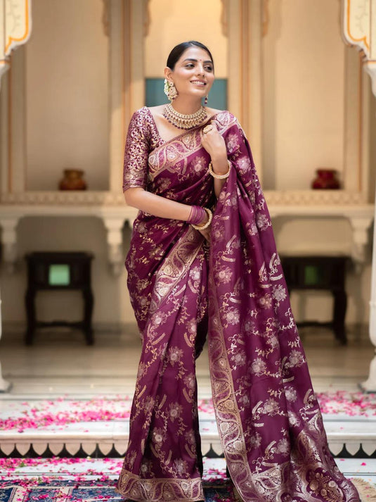 Wine Banarasi Silk Traditional Saree