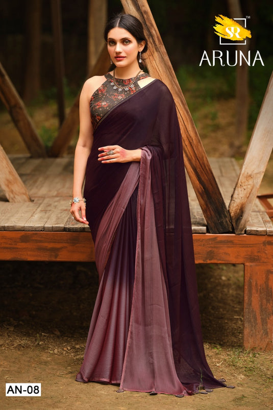 Wine Trendy 3D Velvet Chiffon Ombre Saree With Sequence Embroidered Blouse