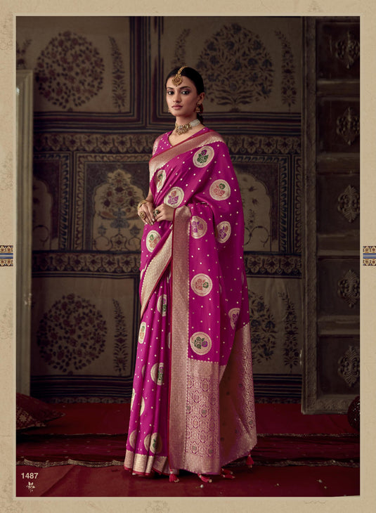 Wine Pure Dola Silk Meenakari Weaving Traditional Saree