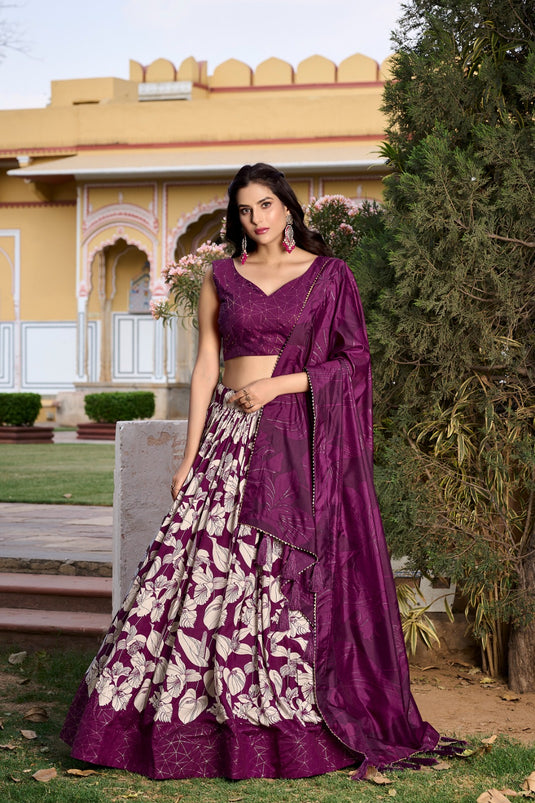 Wine Tussar Silk Floral Print Semi Stitched Lehenga Choli